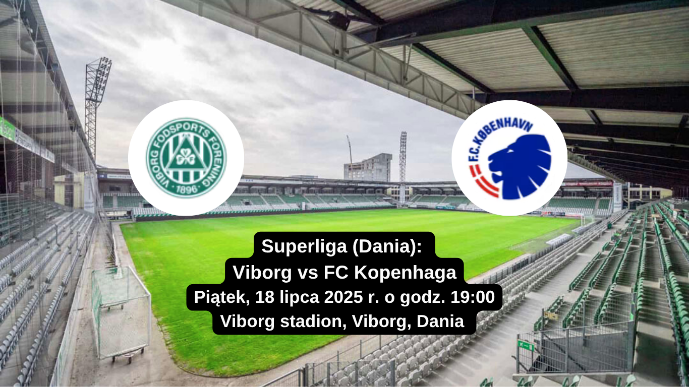 Stadion Viborg vs FC Kopenhaga 18 lipca 2025 – Energi Viborg Arena przed meczem Superligi duńskiej. Logo Viborg i FC Kopenhaga.